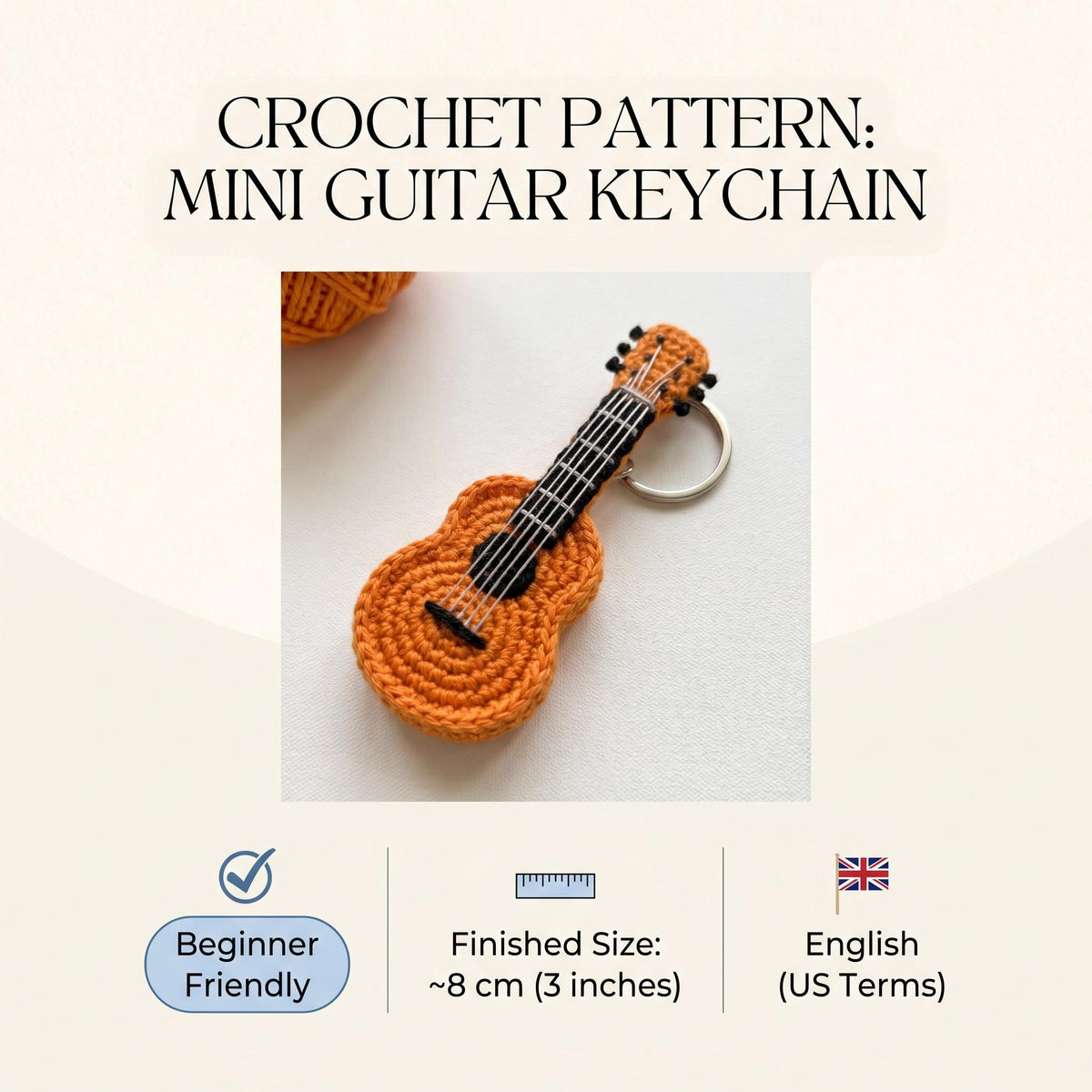 Crochet Mini Guitar Keychain Pattern - Beginner-Friendly Amigurumi PDF - Instant Download