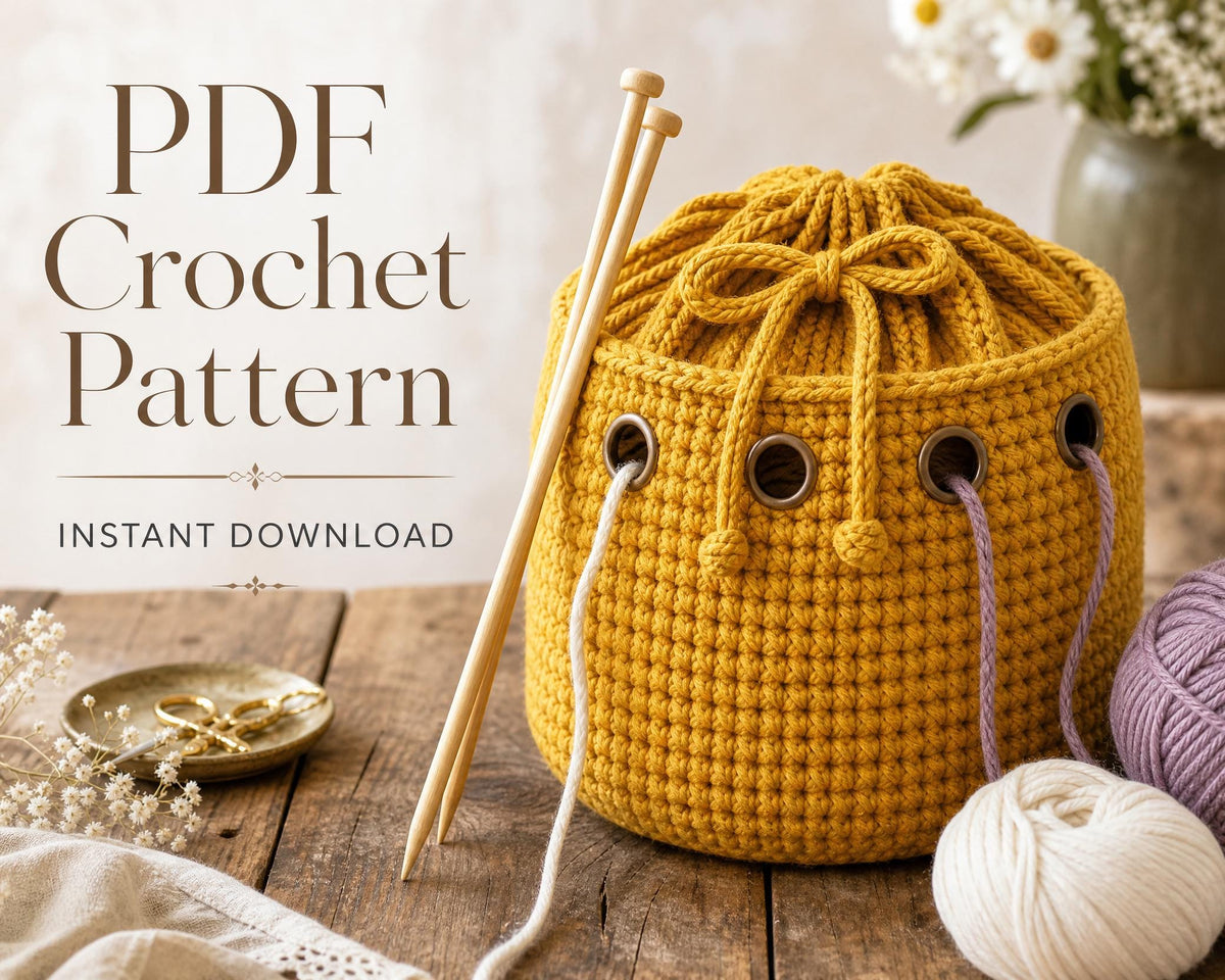 Round Crochet Yarn Storage Bag Pattern, Chunky Knit Drawstring Organizer PDF (Digital Download)