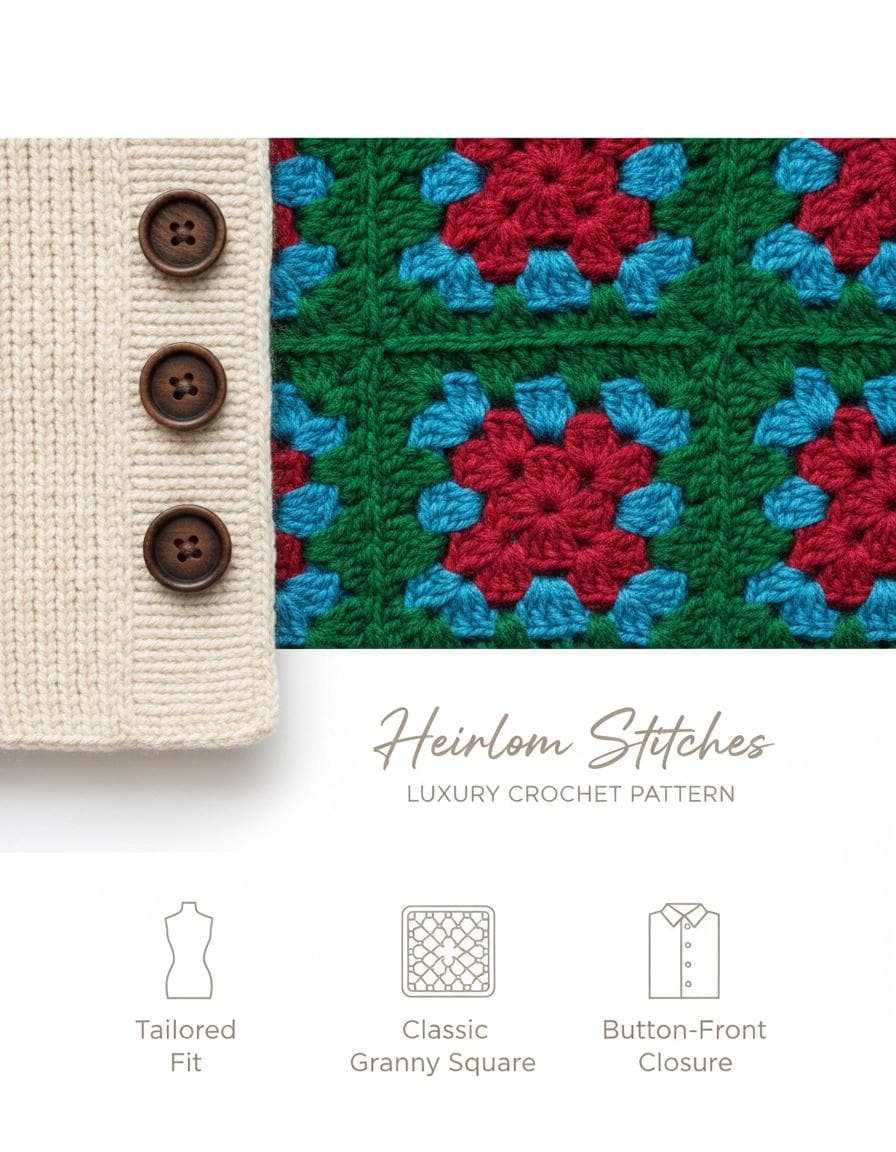 Granny Square Vest Crochet Pattern, Tailored Waistcoat, Button Front Crop Top, Boho Chic (PDF)