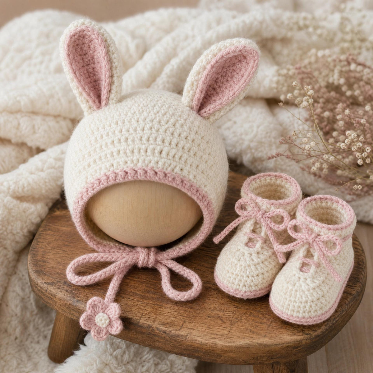 Bunny Baby Bonnet Booties Crochet Pattern, Newborn Photo Prop, Beginner PDF