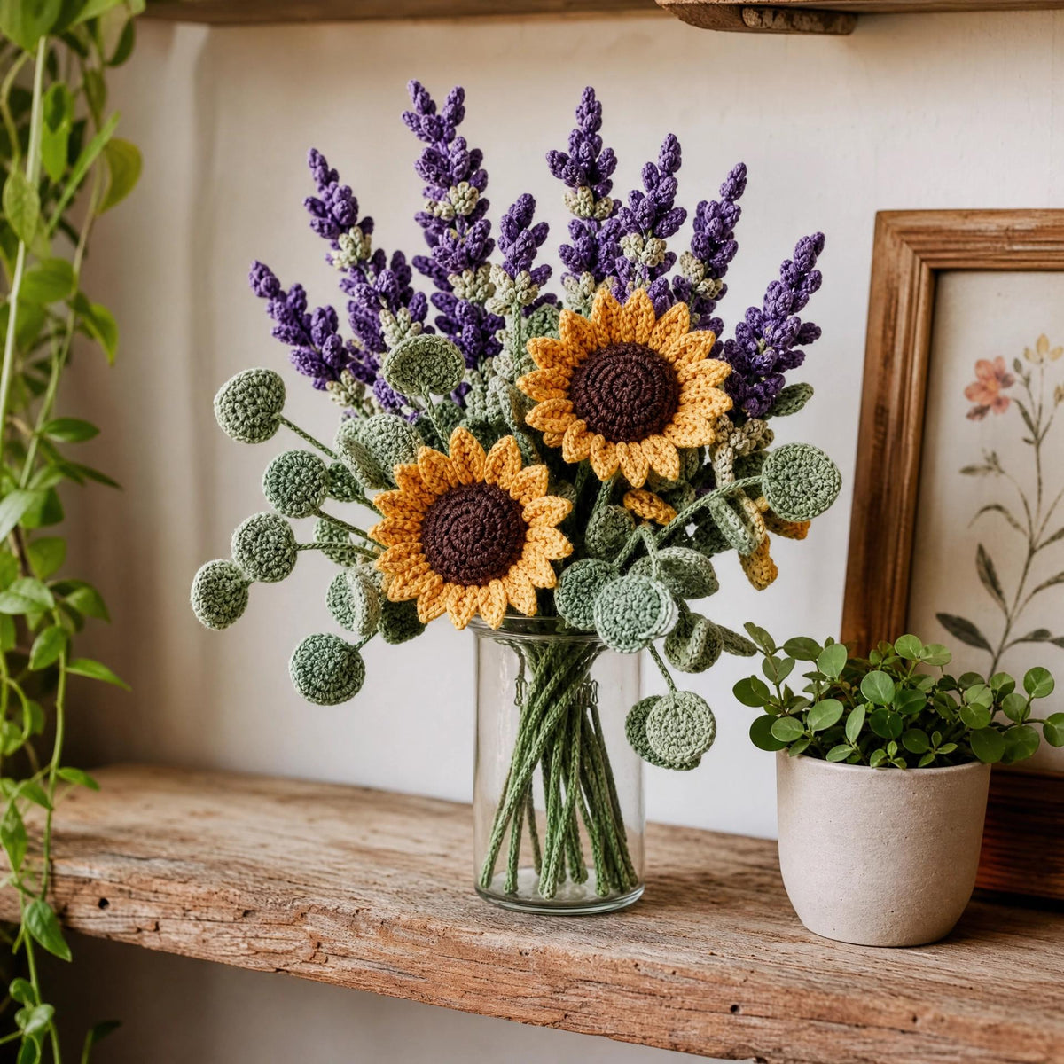 Crochet Bouquet Pattern - Sunflowers, Lavender & Eucalyptus - Beginner Friendly PDF - Everlasting Floral Arrangement Digital Download