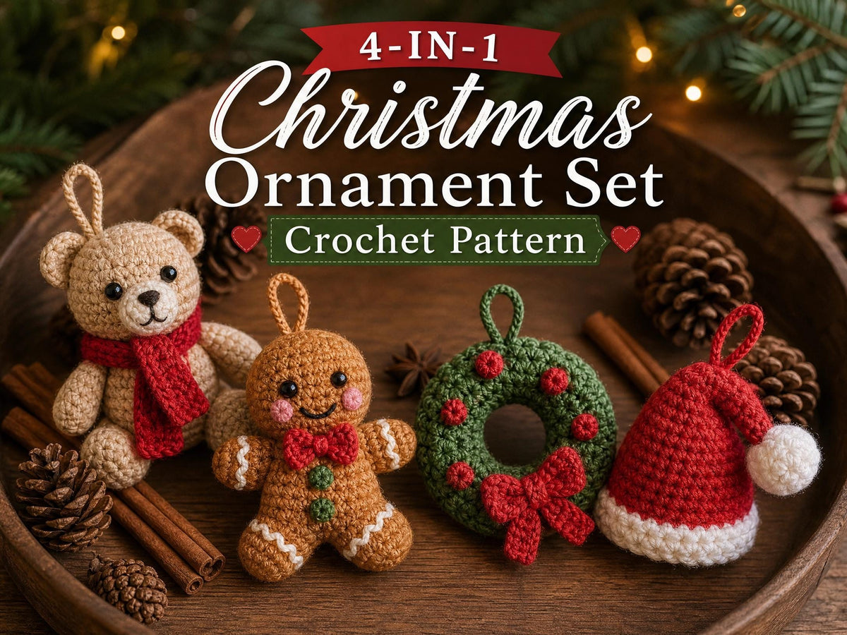 Crochet Christmas Ornament Pattern Set – Teddy Bear, Gingerbread Man, Wreath, Santa Hat (PDF Pattern)