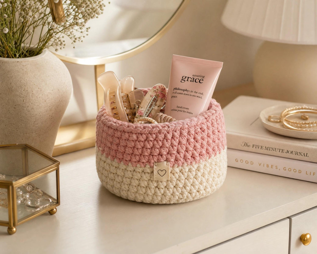 Crochet Basket Pattern | Beginner Friendly Storage, Two-Tone Bow (PDF Download)