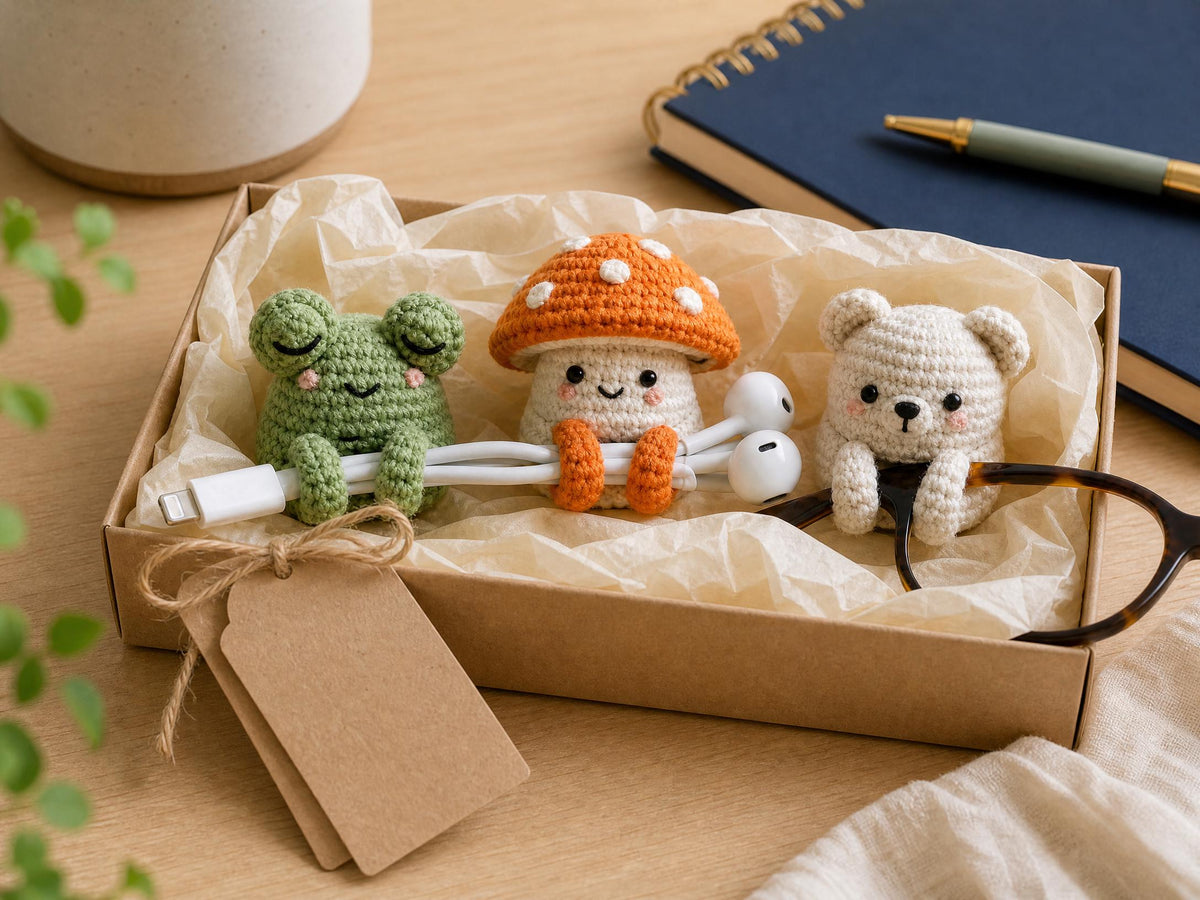 Crochet Frog, Mushroom, Bear Cable Holder Pattern, Beginner Amigurumi Desk Buddy (PDF Download)