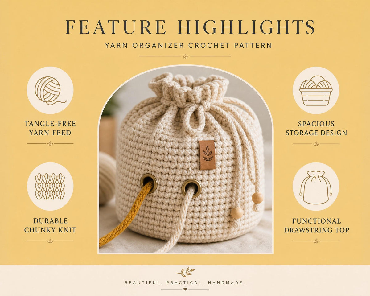 Round Crochet Yarn Storage Bag Pattern, Chunky Knit Drawstring Organizer PDF (Digital Download)