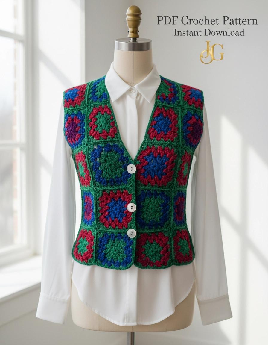 Granny Square Vest Crochet Pattern, Tailored Waistcoat, Button Front Crop Top, Boho Chic (PDF)