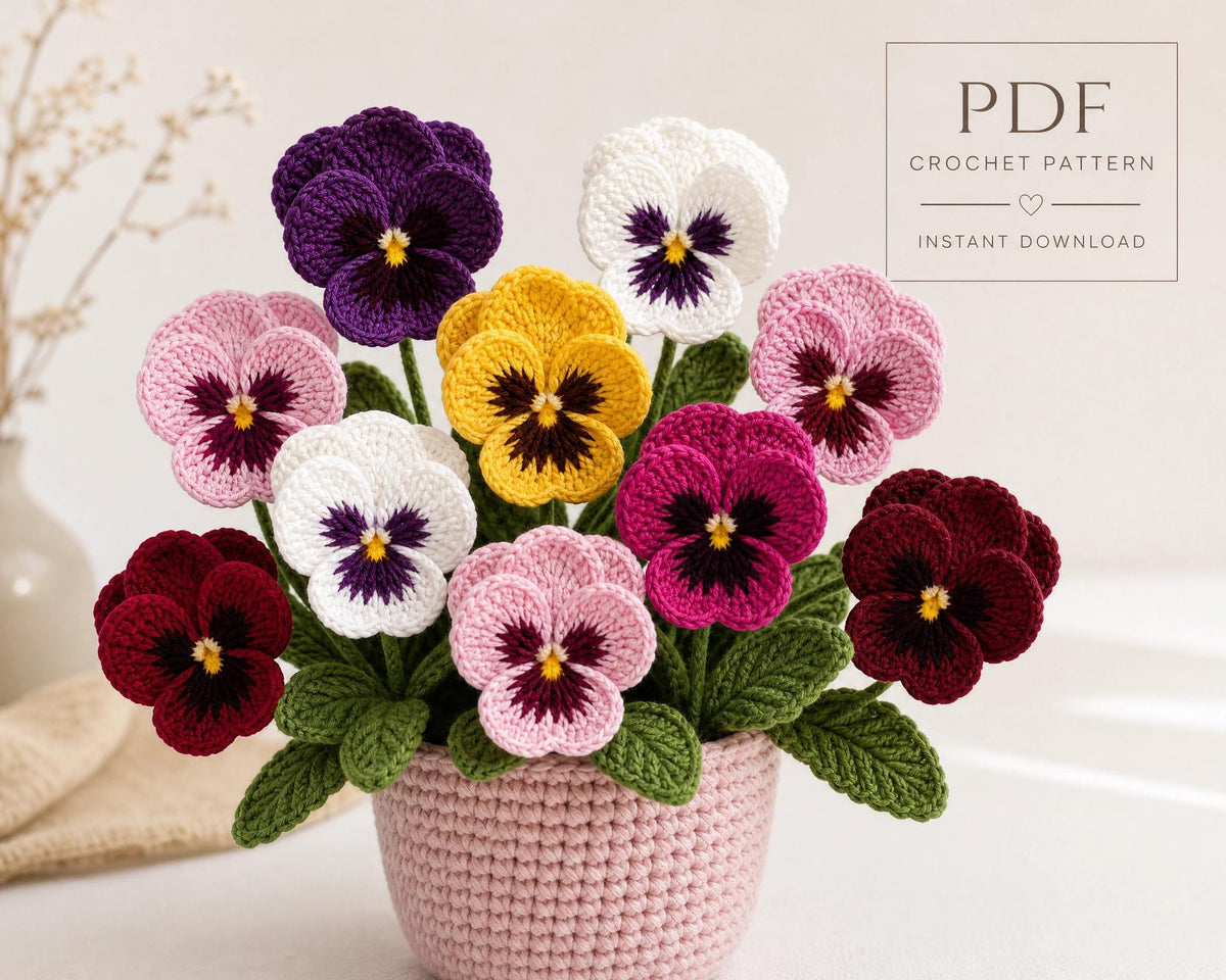 Crochet Pansy Pattern | Potted Flower Bouquet PDF, Realistic Floral Arrangement, Everlasting Gift, Instant Download
