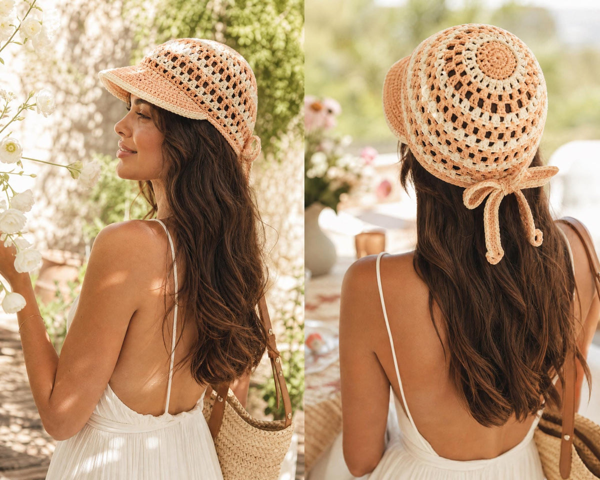 Peach Blossom Crochet Sun Cap Pattern | Beginner Friendly Summer Hat PDF | Adult Mesh Bucket Hat | Instant Download
