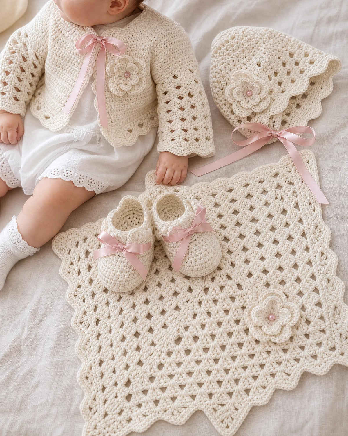 Crochet Baby Layette Set Pattern, 3-6 Month Cardigan, Hat, Booties, Blanket (PDF)