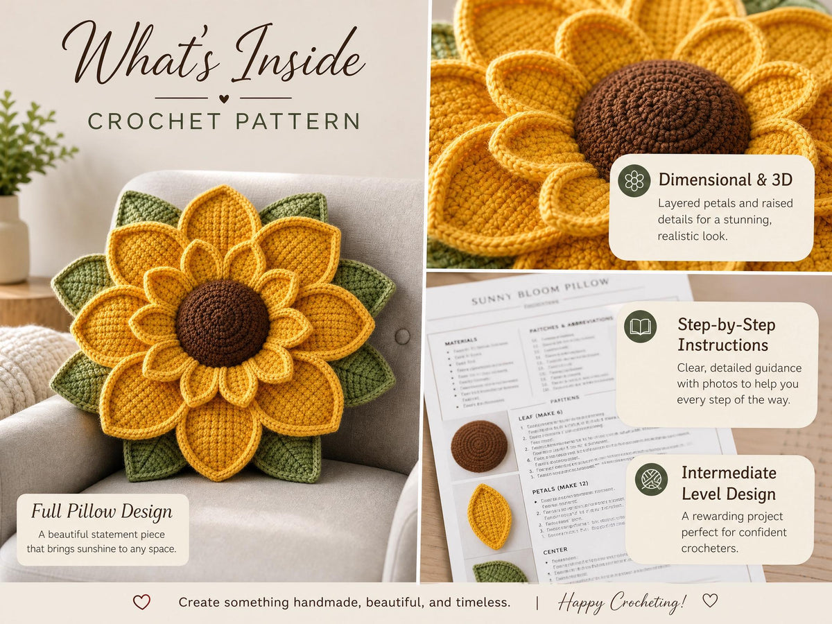 Crochet Sunflower Pillow Pattern | 3D Layered Flower Cushion Tutorial (PDF)
