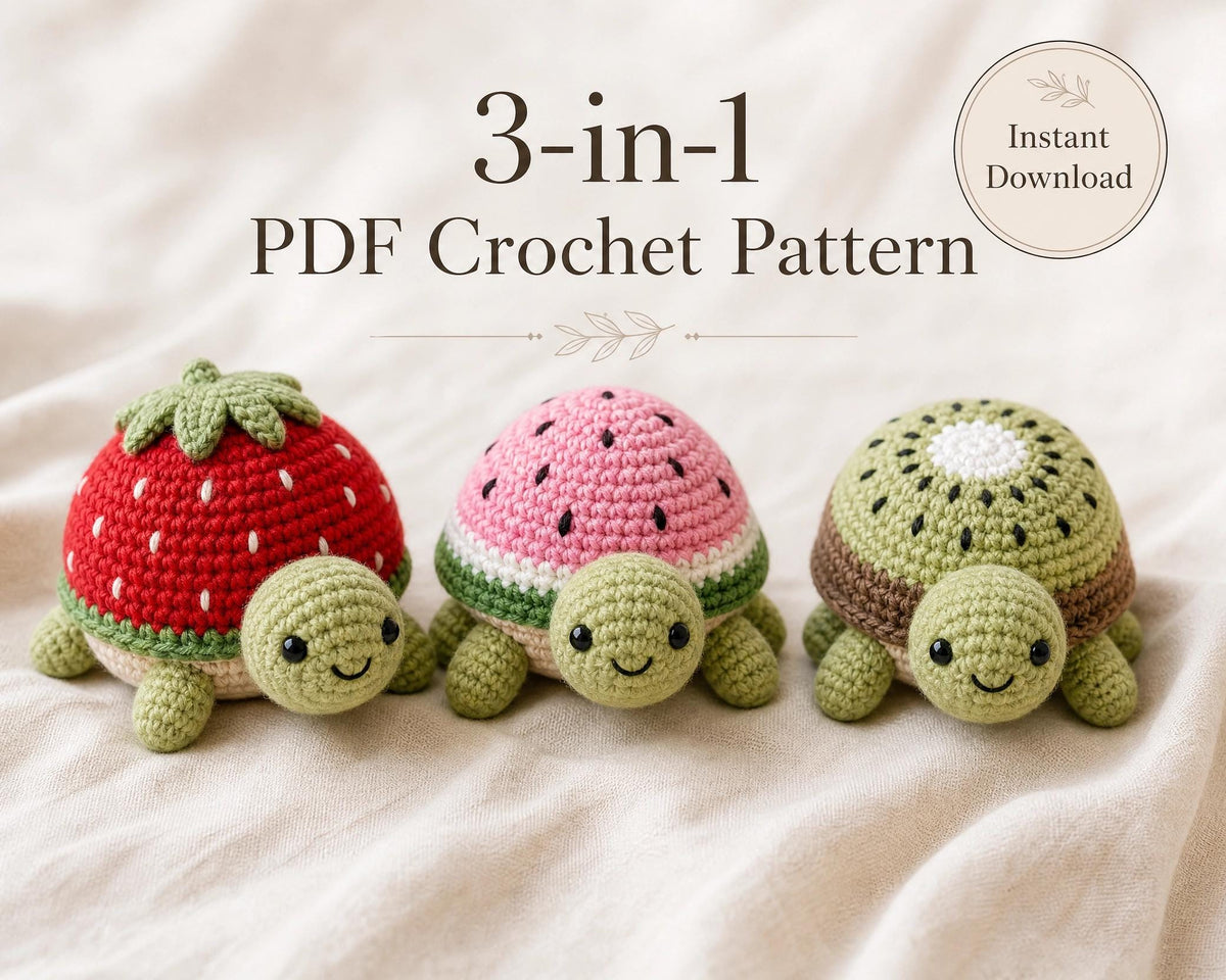 3-in-1 Fruit Turtle Crochet Pattern Bundle – Strawberry, Watermelon, Kiwi Amigurumi PDF