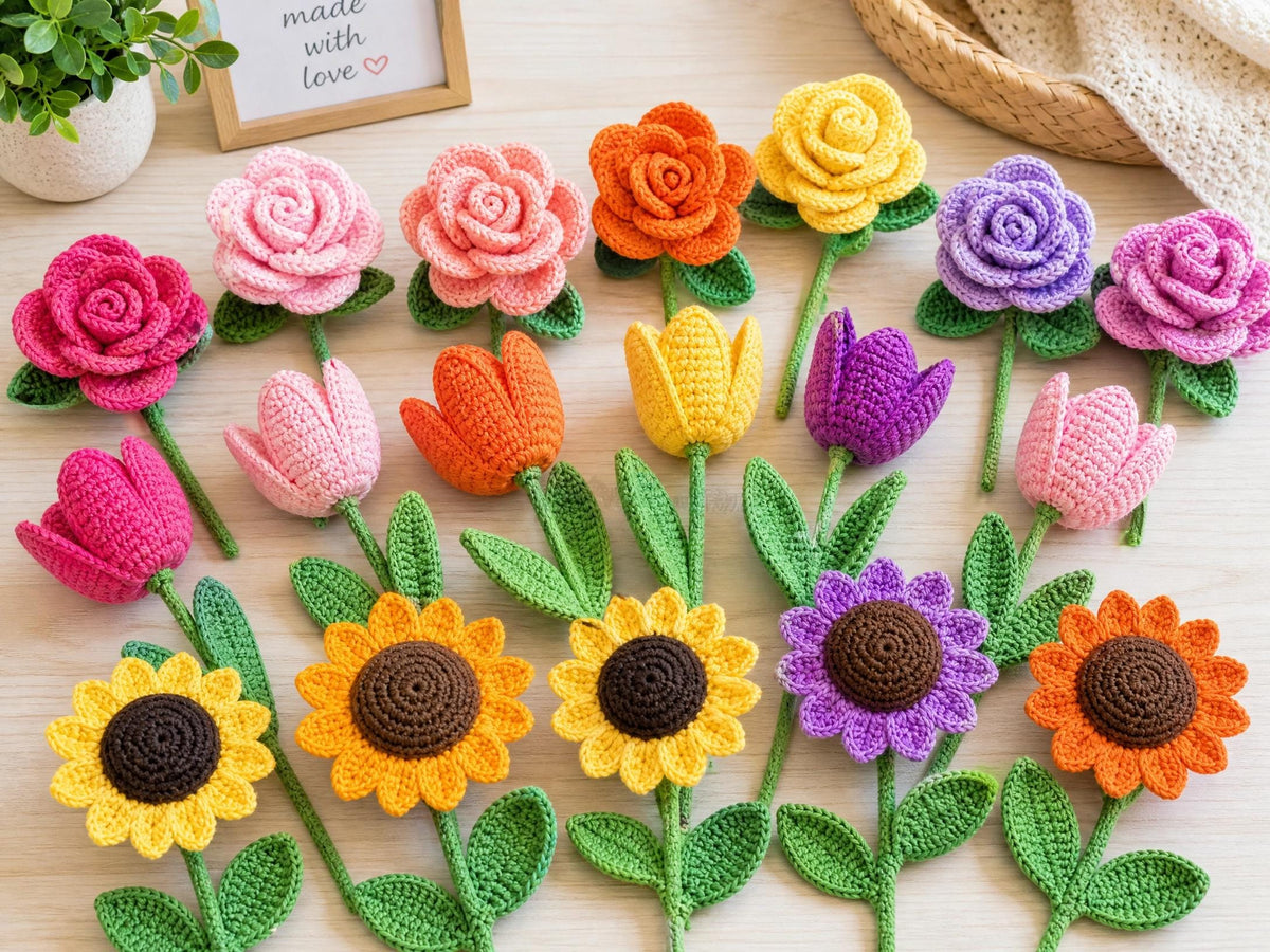 Realistic Crochet Flower Bouquet Pattern | Rose, Tulip, Sunflower Amigurumi (Digital Download)