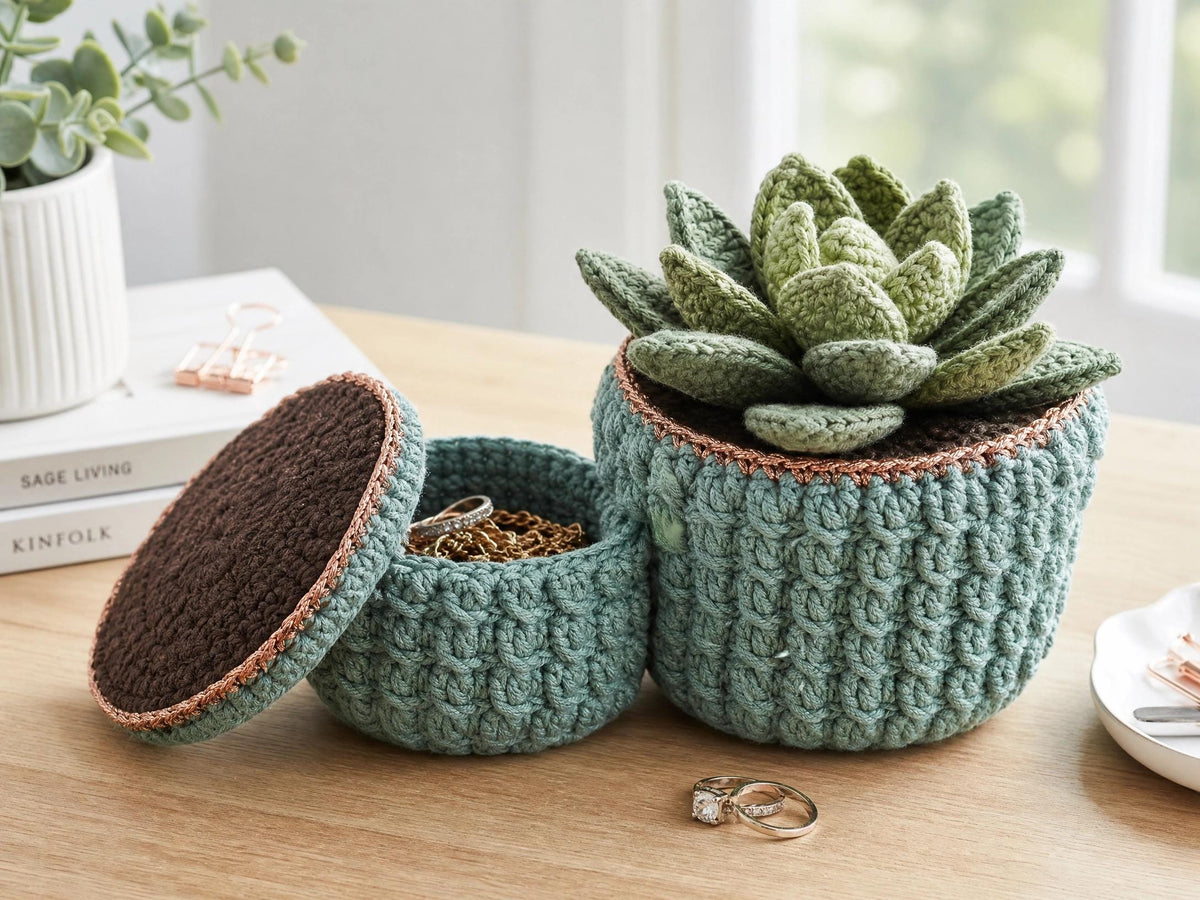 Crochet Succulent Jewelry Box Pattern – Beginner Friendly Echeveria Trinket Box (PDF)