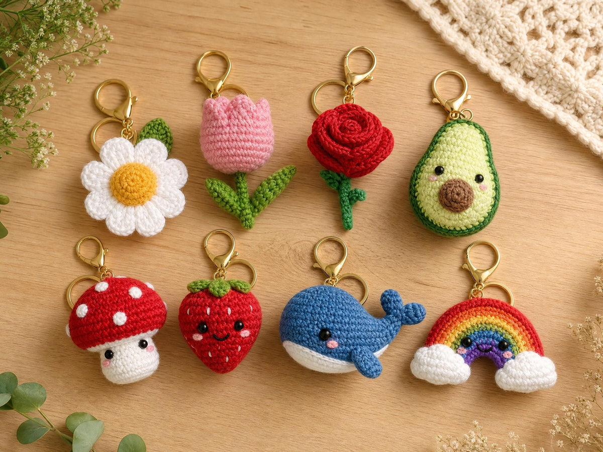 8-in-1 Amigurumi Keychain Crochet Pattern – Flower, Fruit, Animal, Rainbow Designs (PDF Download)
