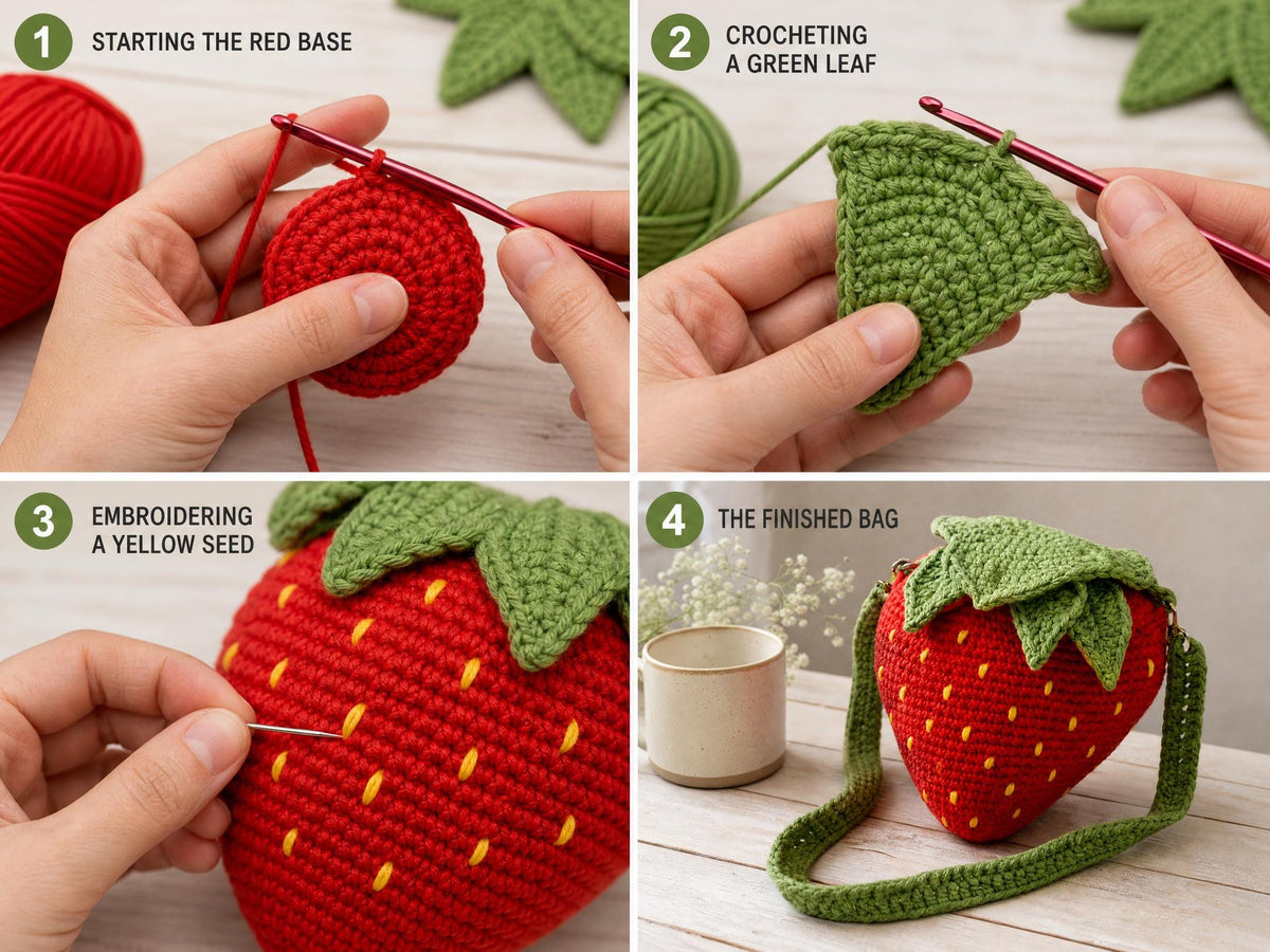 Crochet Strawberry Bag Pattern – 3D Fruit Purse Tutorial (PDF Download)