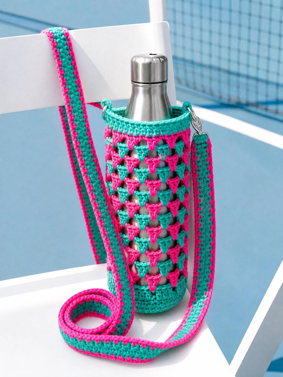 Vibrant Water Bottle Sling Crochet Pattern | Beginner Friendly V-Stitch Carrier (PDF Download)