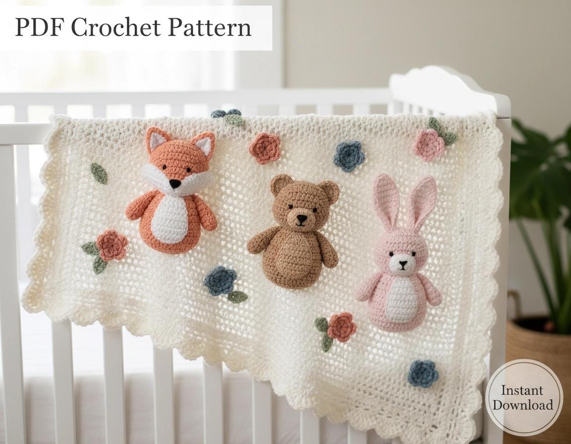 Woodland Friends Baby Blanket Crochet Pattern - Fox Bear Bunny Appliqué PDF - Advanced Instant Download