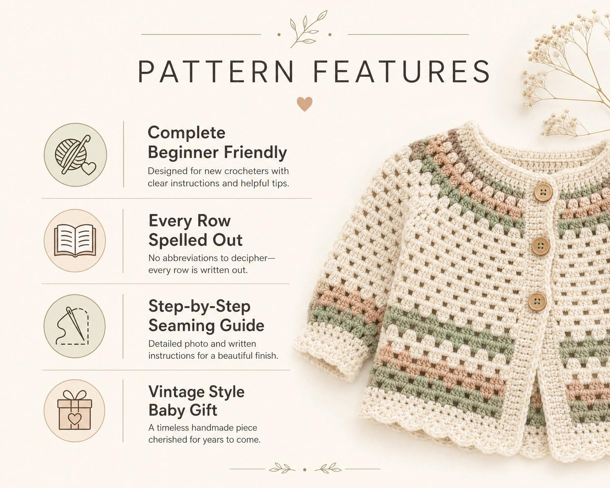 Beginner Crochet Baby Cardigan & Booties Pattern | Cherry Blossom Sweater Set (PDF Download)