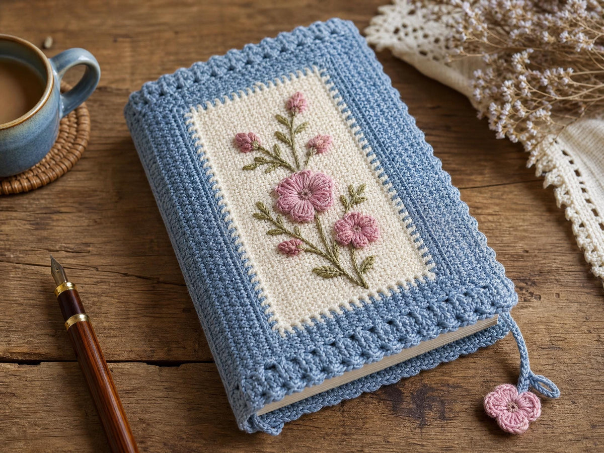 Vintage Floral Crochet Journal Cover Pattern – Beginner Friendly Book Sleeve (PDF Download)