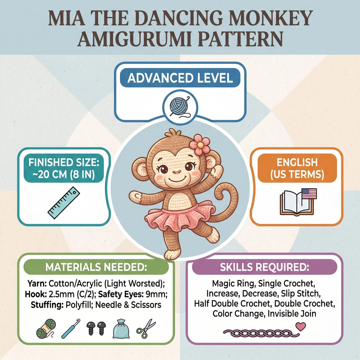 Mia Dancing Monkey Crochet Pattern – Advanced Amigurumi PDF (Instant Download)