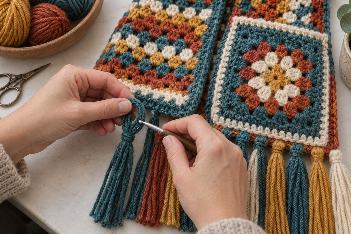 Crochet Hooded Scarf Pattern: 32 Granny Squares, Pockets, Tassel Fringe (Digital Download)