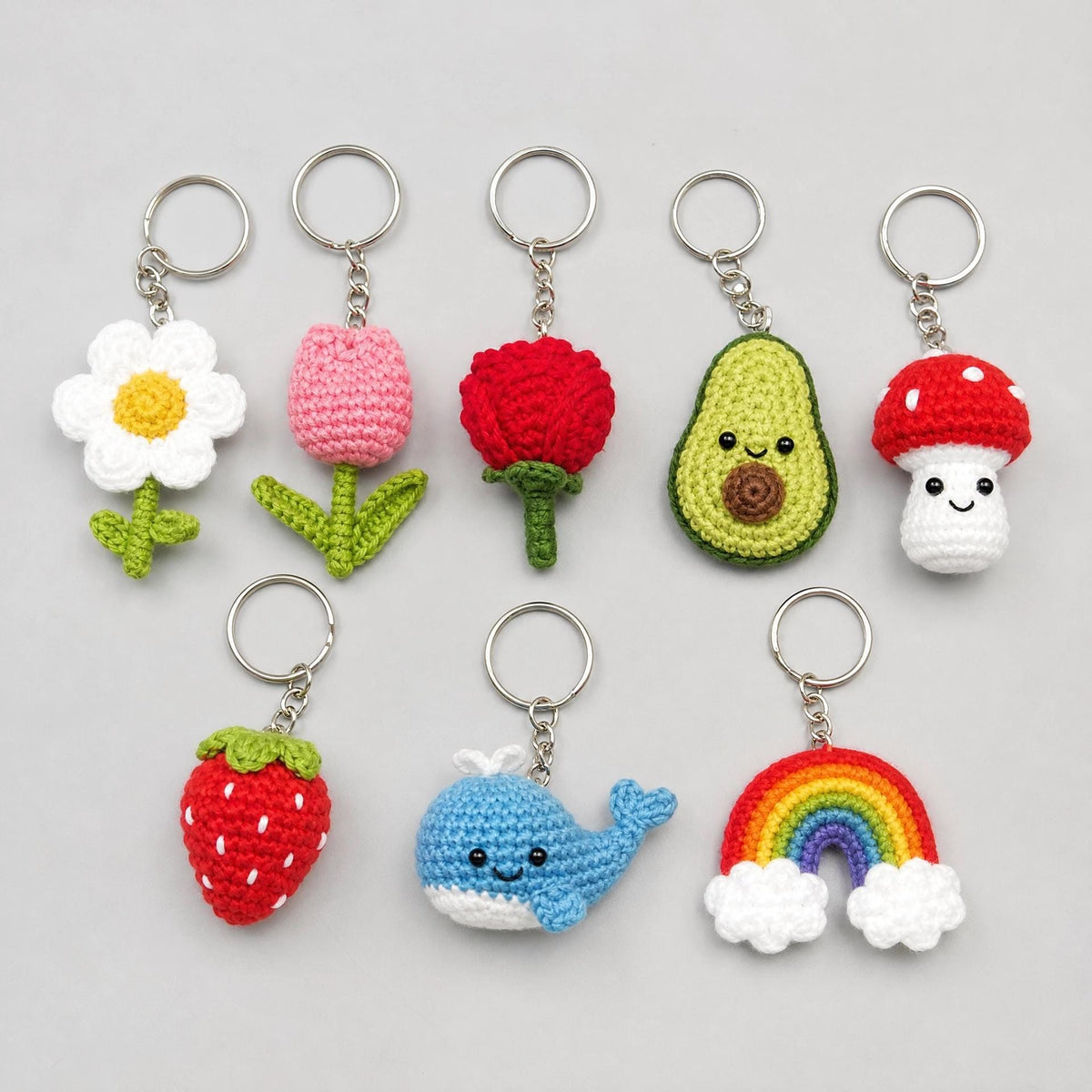 8-in-1 Amigurumi Keychain Crochet Pattern – Flower, Fruit, Animal, Rainbow Designs (PDF Download)