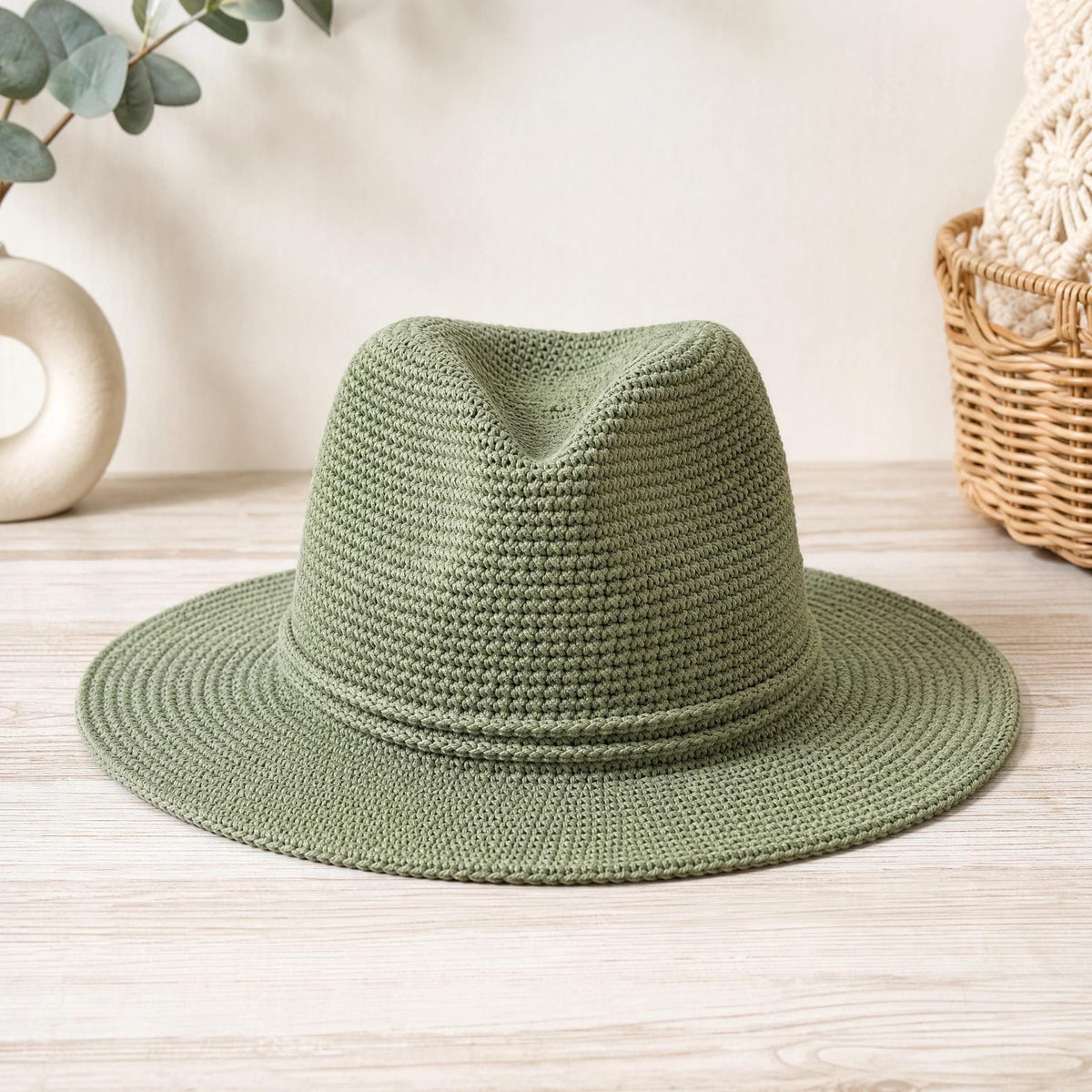 Sage Panama Fedora Crochet Hat Pattern, Structured Wide Brim Sun Hat (PDF Download)