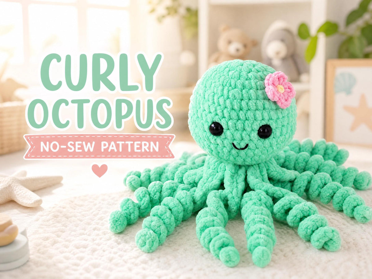 Curly Octopus No-Sew Crochet Pattern | Beginner Amigurumi | Plush Chenille Yarn | Instant Download PDF