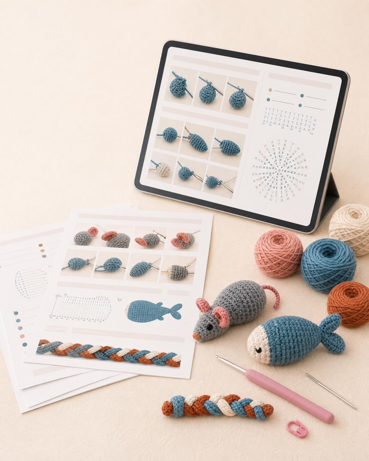 Crochet Cat Toy Patterns PDF, 3 Beginner Designs: Mouse, Fish & Braid, Digital Download, US Terms