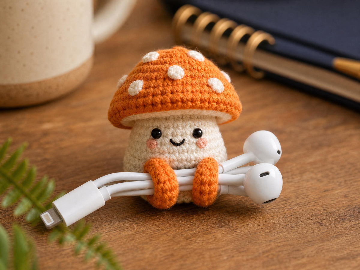 Crochet Frog, Mushroom, Bear Cable Holder Pattern, Beginner Amigurumi Desk Buddy (PDF Download)