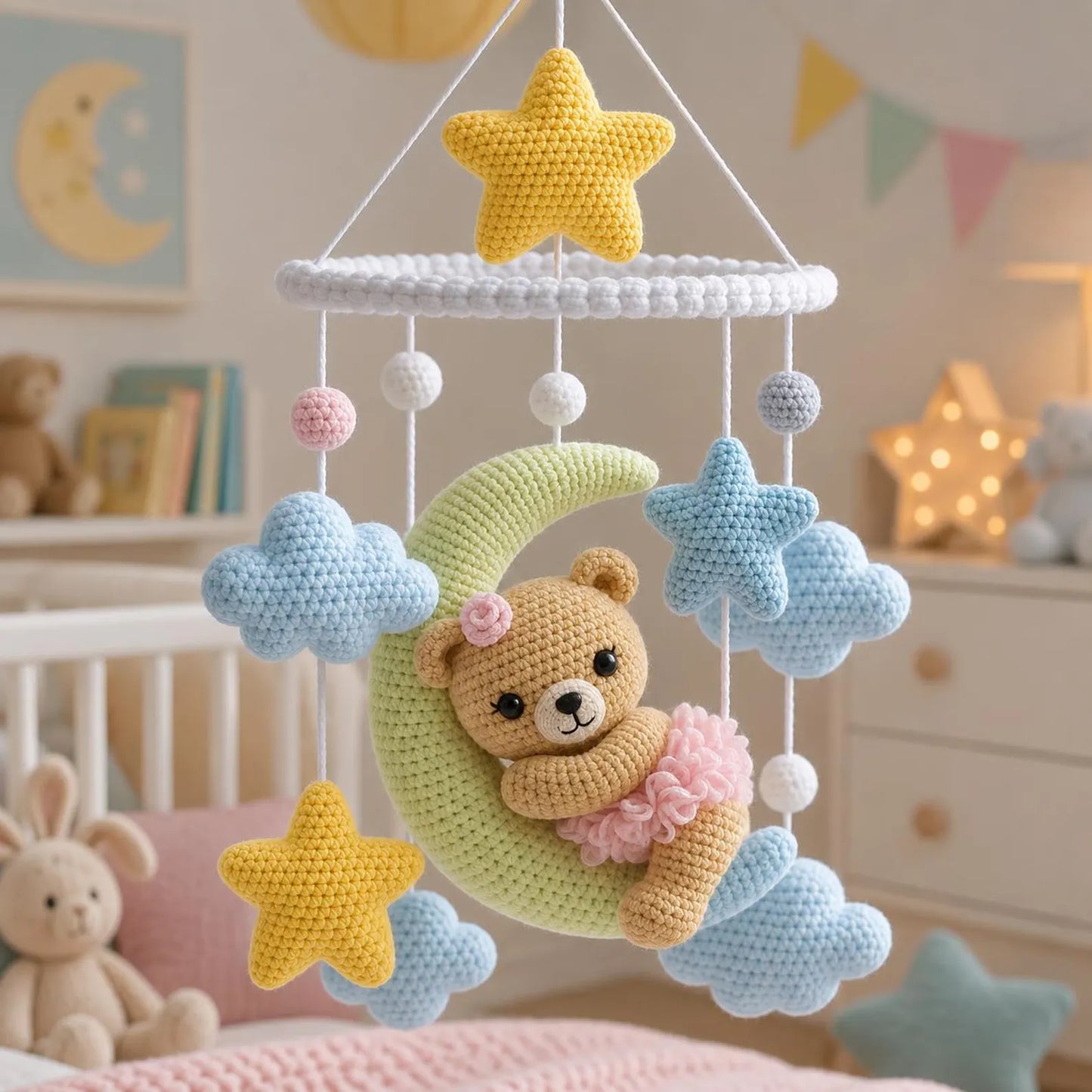 Crochet Baby Crib Mobile Pattern PDF, Amigurumi Bear Moon Mobile, Nursery Cloud Star Hanging Decor Tutorial