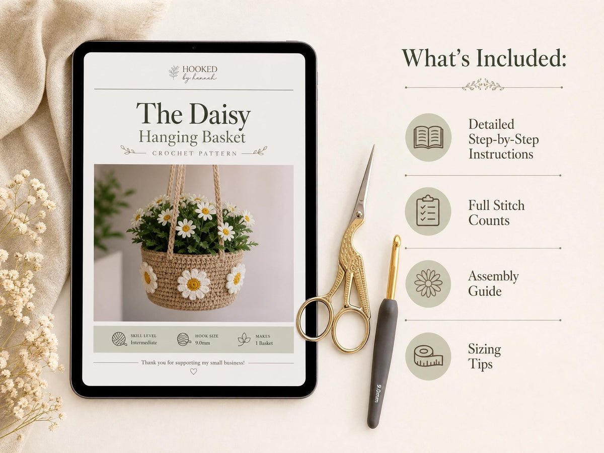 Daisy Hanging Basket Crochet Pattern | Flower Fruit Basket Wall Pouch PDF