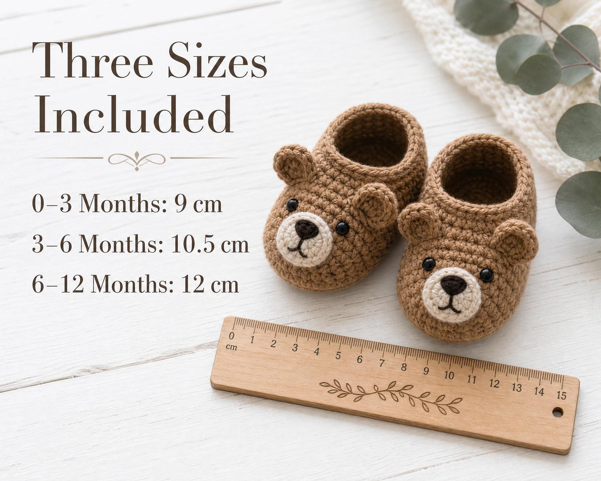 Baby Bear Booties Crochet Pattern, Beginner Friendly, 3 Sizes, Embroidered Face (PDF Download)