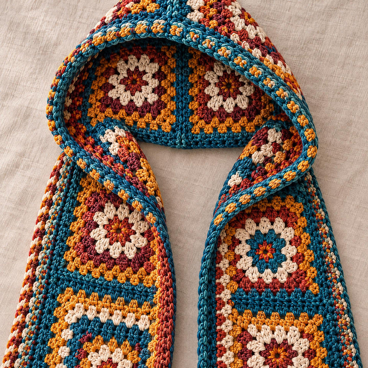 Crochet Hooded Scarf Pattern: 32 Granny Squares, Pockets, Tassel Fringe (Digital Download)
