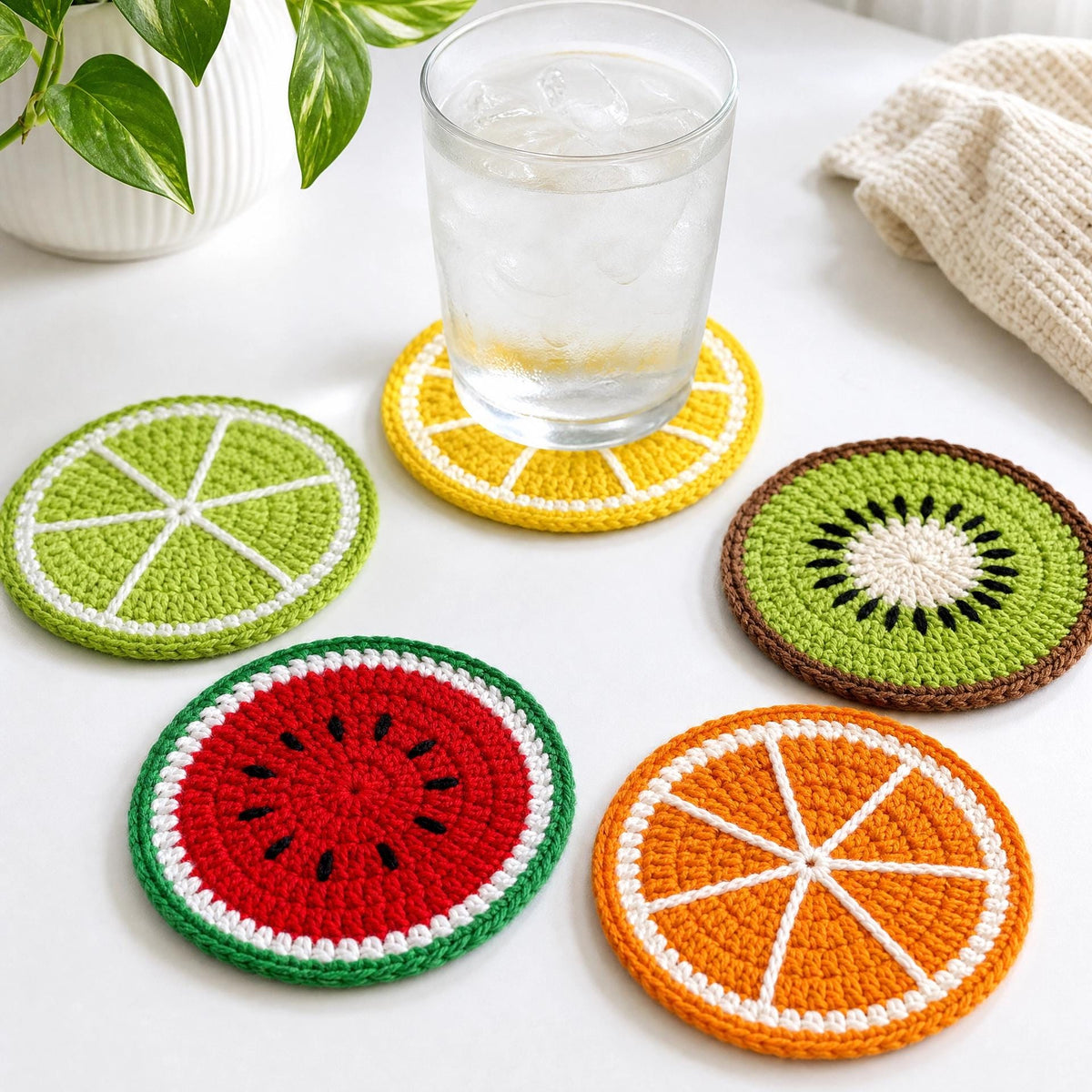 Crochet Fruit Coaster Pattern – Watermelon, Lemon, Lime, Orange, Kiwi (PDF Download)