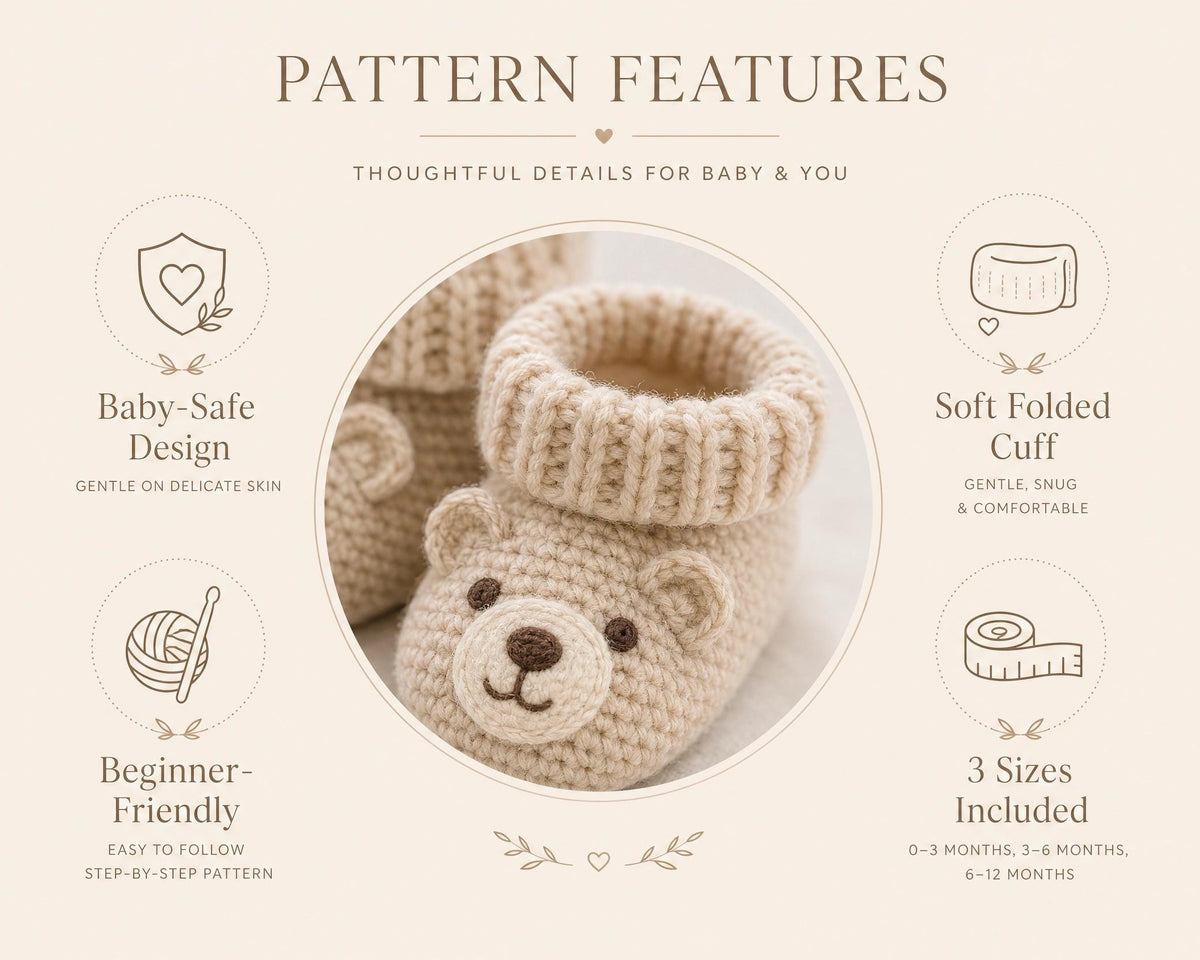 Baby Bear Booties Crochet Pattern, Beginner Friendly, 3 Sizes, Embroidered Face (PDF Download)