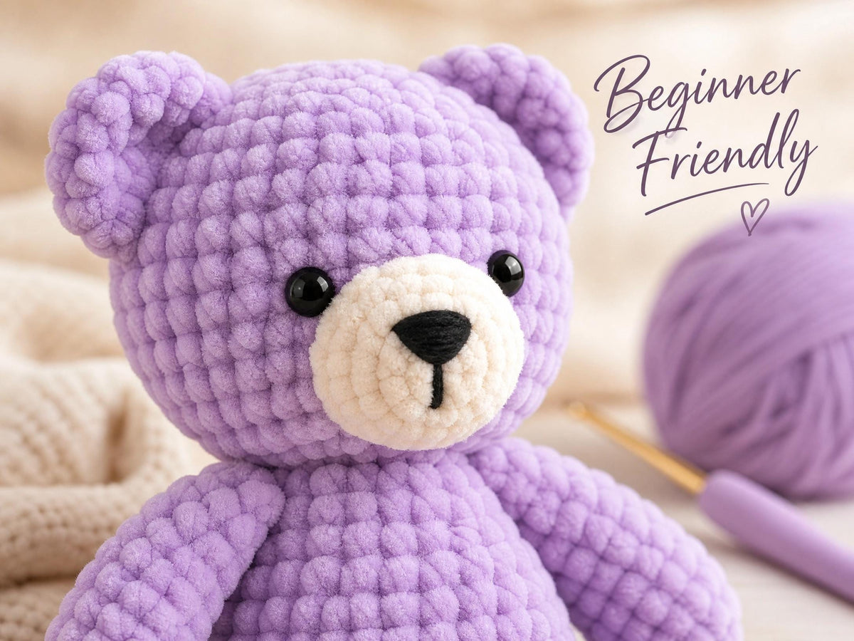 Lavender Teddy Bear Crochet Pattern – Beginner Amigurumi Plushie (PDF Download)