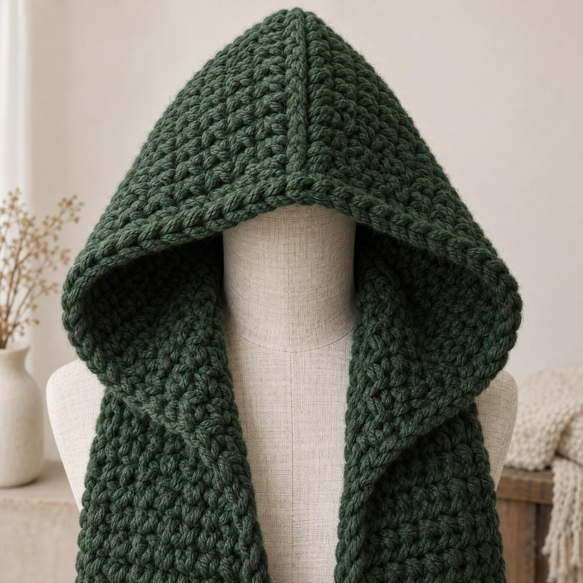 Evergreen Cable Hooded Scarf Pattern: Crochet PDF for Adults