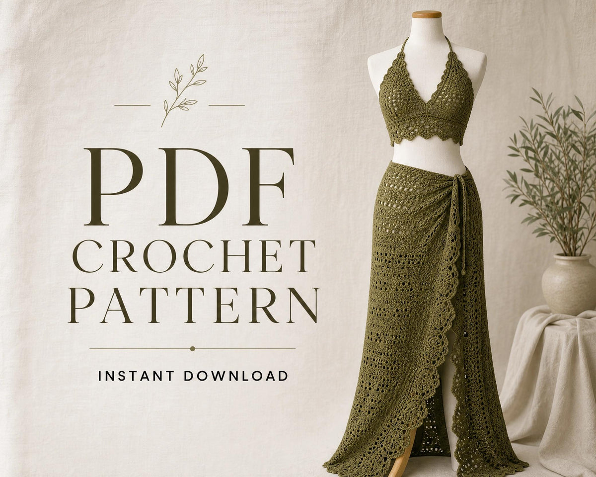 Crochet Halter Top & Wrap Skirt Pattern | Olive Leaf Lace Beach Set (PDF Download)