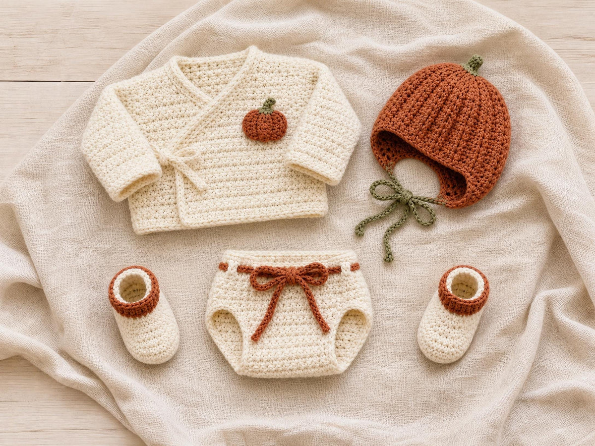 Pumpkin Newborn Crochet Pattern Set | Baby Cardigan, Bonnet, Booties & Diaper Cover PDF