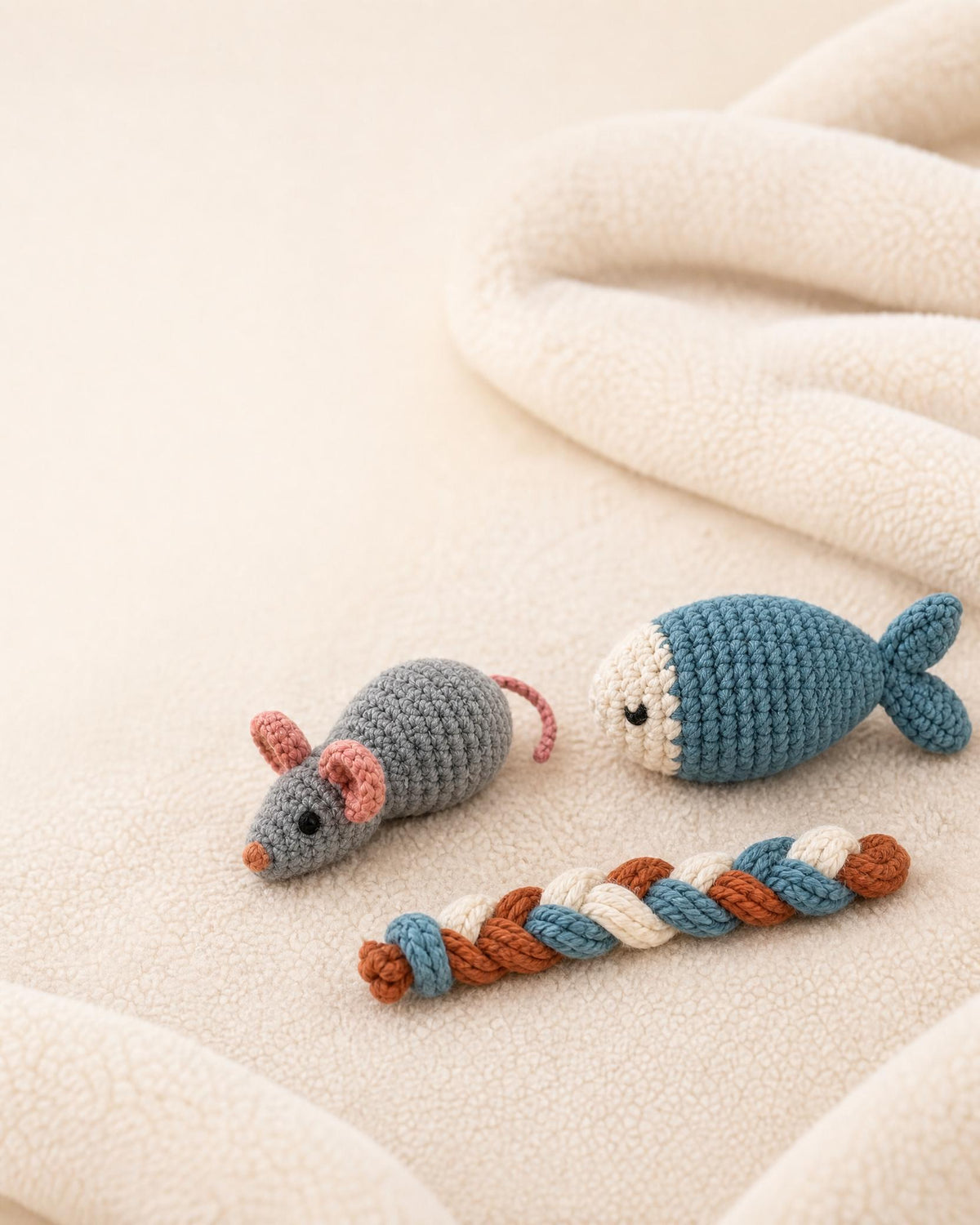 Crochet Cat Toy Patterns PDF, 3 Beginner Designs: Mouse, Fish & Braid, Digital Download, US Terms