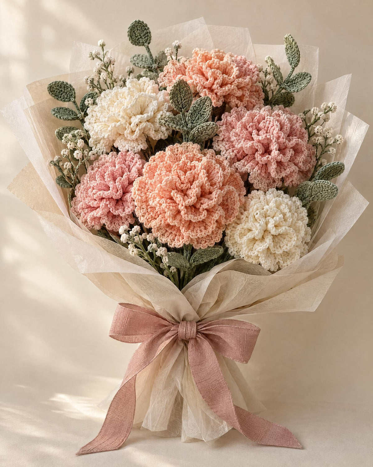 Ruffled Carnation Posy Crochet Pattern PDF, Beginner Flower Bouquet Tutorial, Crochet Carnation, Leaf and Stem Pattern, Digital Download