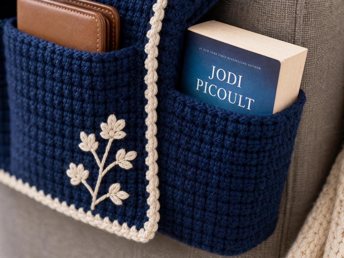 Crochet Armrest Caddy Pattern | Sofa Organizer, Navy Blue, Intermediate PDF