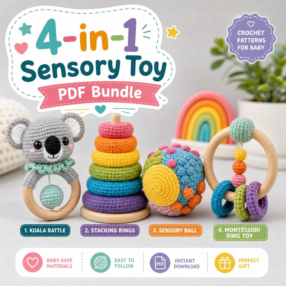 4-in-1 Sensory Toy Crochet Patterns | Koala Rattle, Stacking Rings, Ball (PDF Download)