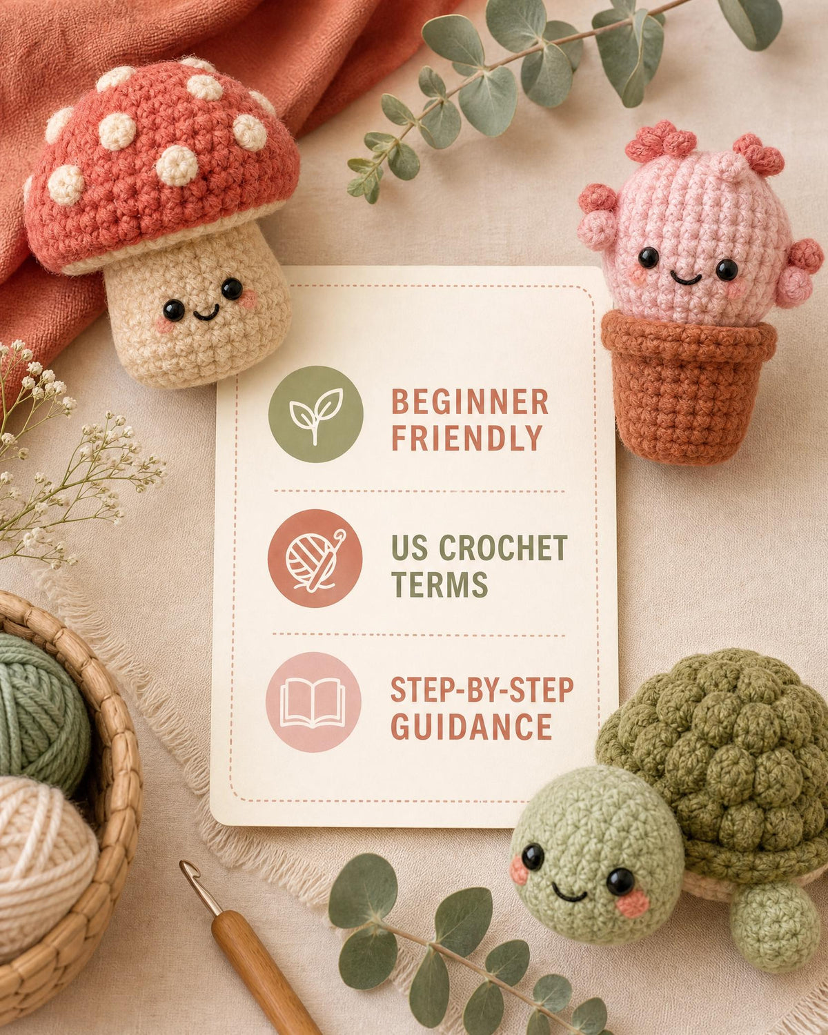 Beginner Crochet Plush Trio Pattern, Mushroom Cactus Turtle Amigurumi (PDF Download)