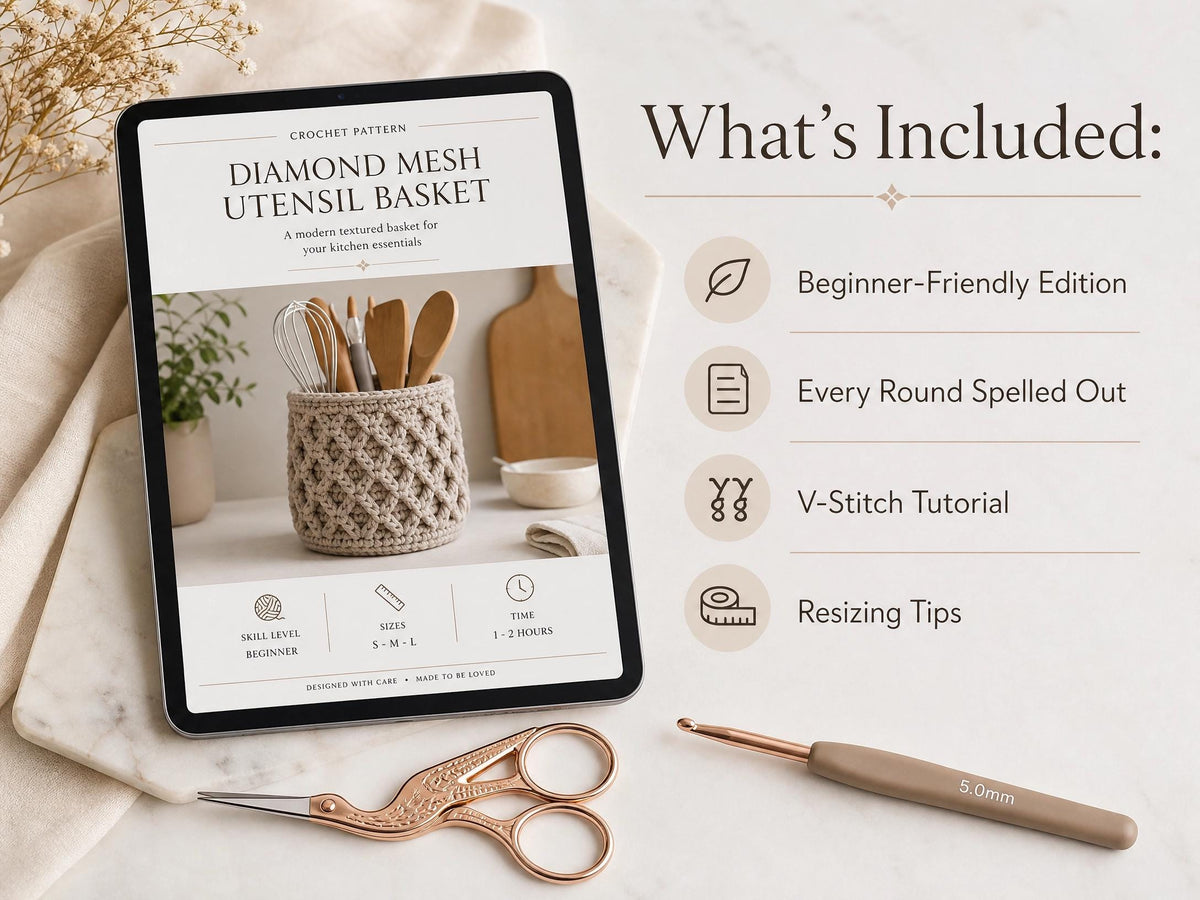 Diamond Mesh Utensil Basket Crochet Pattern | Hanging Kitchen Organizer PDF | Beginner Friendly