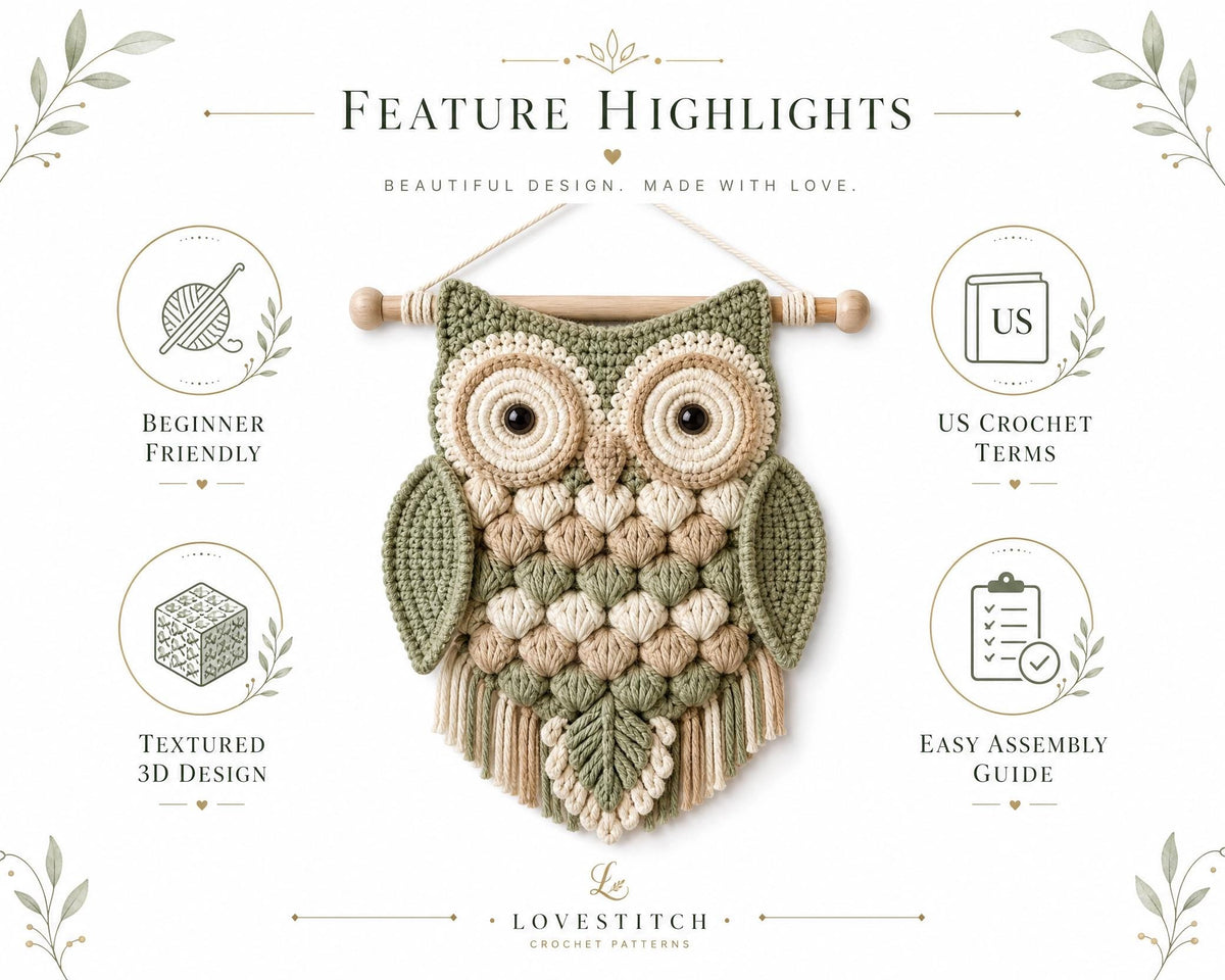Crochet Owl Wall Hanging Pattern, Boho Nursery Decor, Woodland Art PDF (Digital Download)