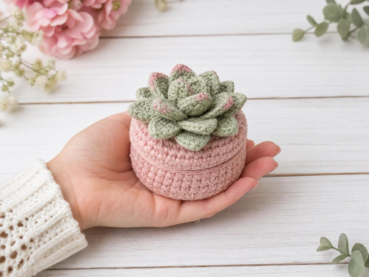 Crochet Succulent Jewelry Box Pattern – Beginner Friendly Echeveria Trinket Box (PDF)