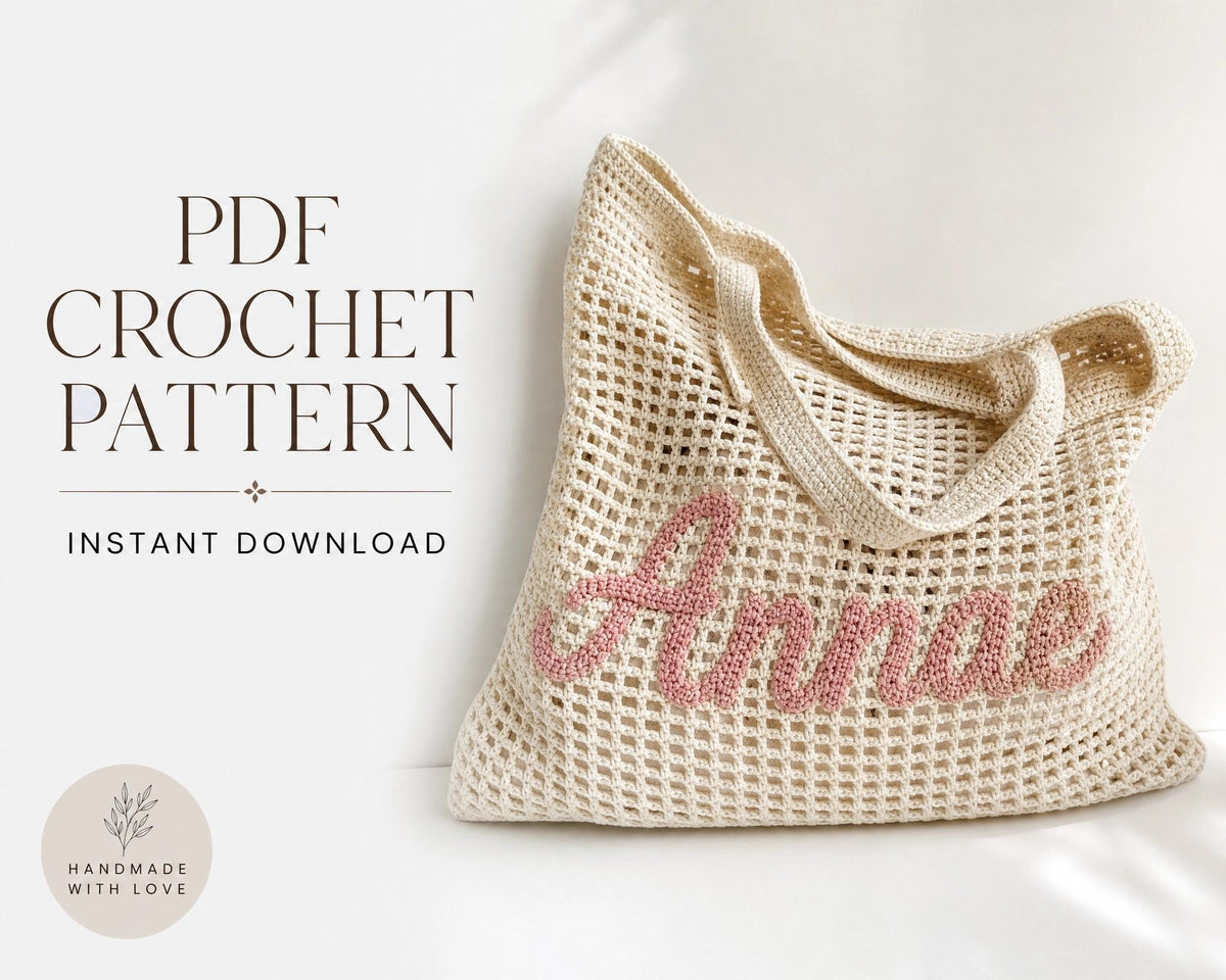 Crochet Beach Bag Pattern | Oversized Net Tote, Personalized Name Appliqué (PDF Download)