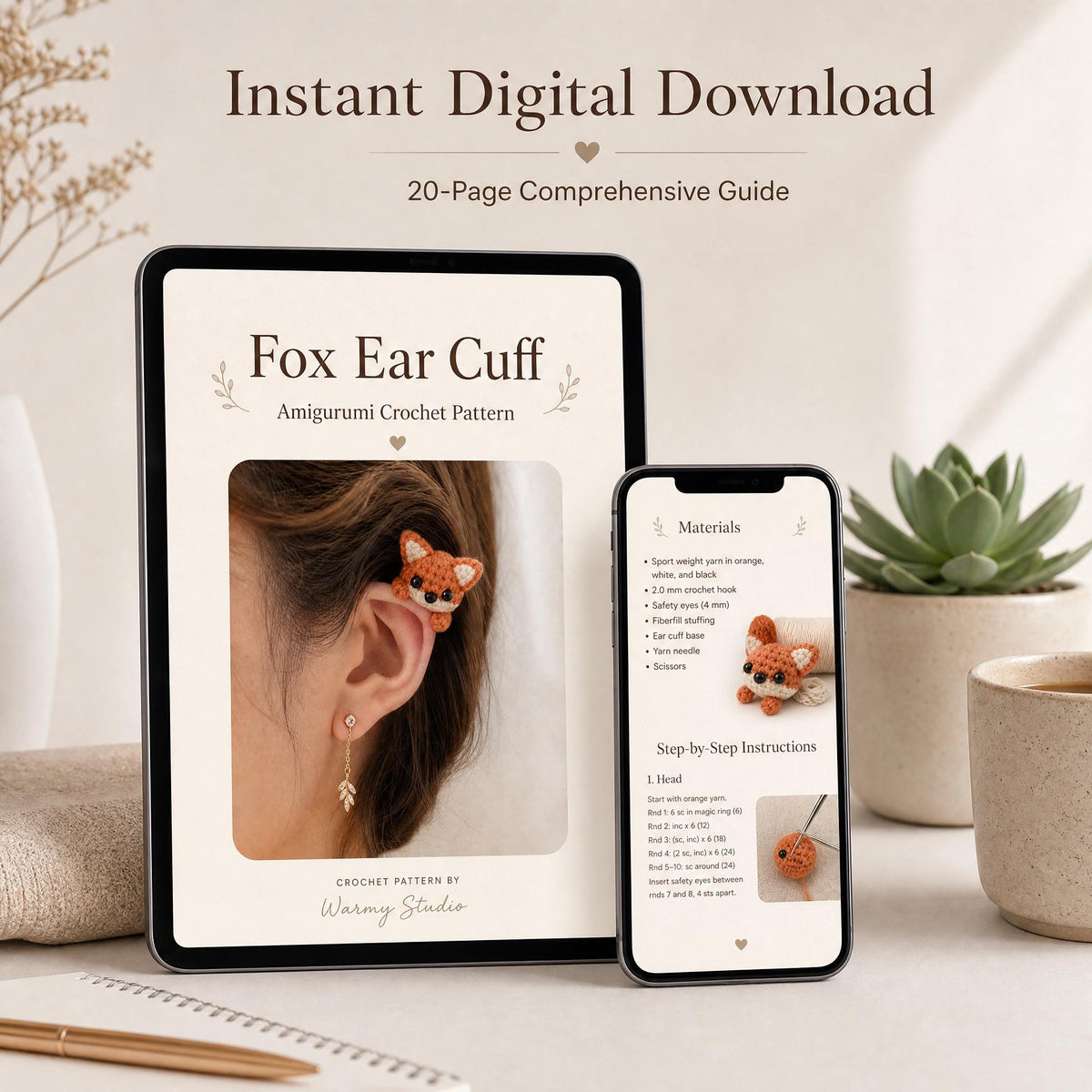 Crochet Fox Ear Cuff Pattern | Tiny Amigurumi Fox, Beginner Friendly (PDF Download)